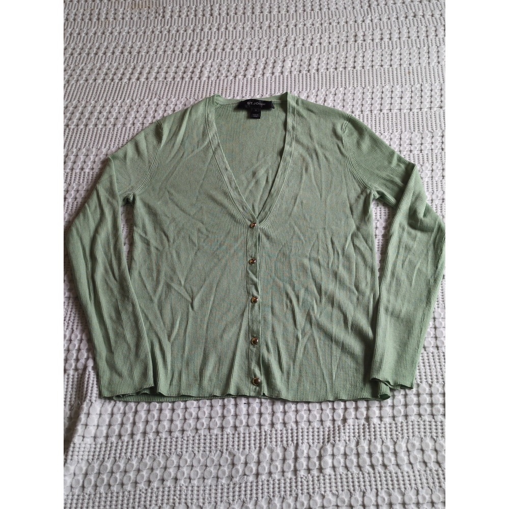 St John Wool Silk Cardigan Sweater Ribbed Gold Button V Neck Green Size Medium